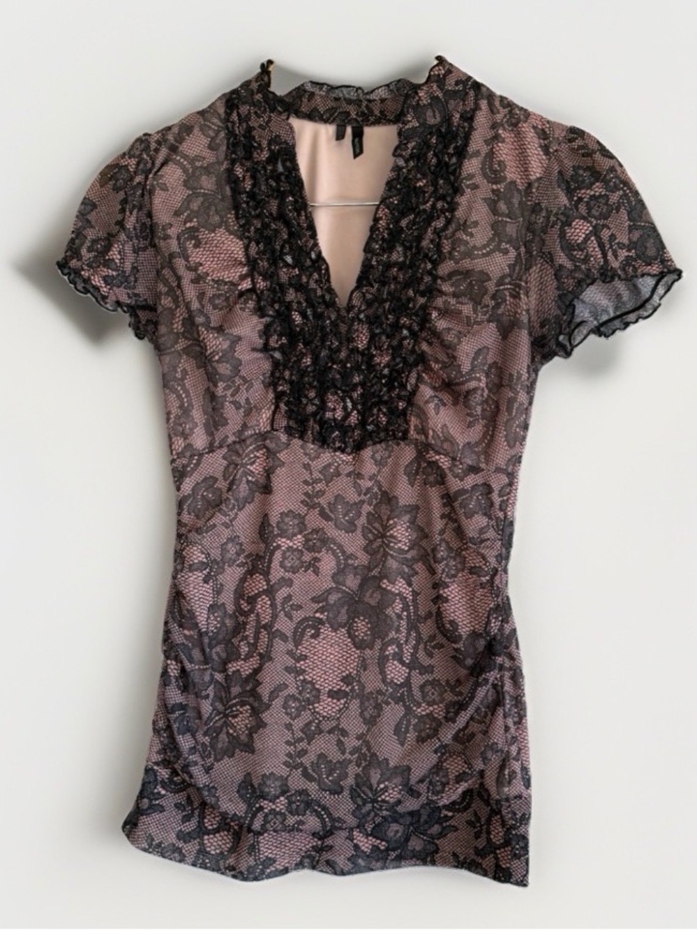 Pink Black Floral Lace Print Ruched Ruffle V Neck Top Shirt Whimsigoth Goth Y2K